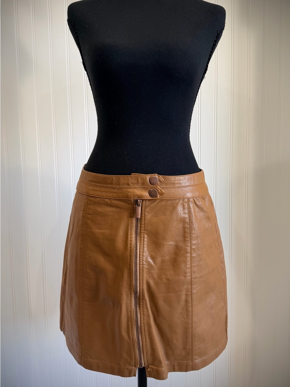 SO Cognac (imitation) Leather Mini Skirt with Front Zip